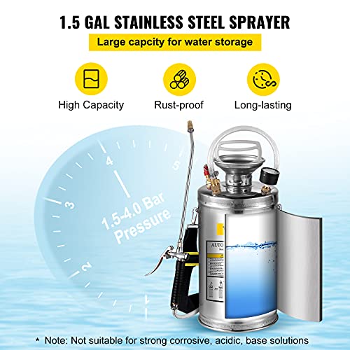 Happybuy 1.5 Gallon Stainless Steel Sprayer, 16" Wand&3.3FT Reinforced Hose, Hand Pump Sprayer with Pressure Gauge, Safety Valve&Adjustable Nozzle, Weed Sprayers for Lawn, Gardening & Sanitizing - size: 1.5 Gallon