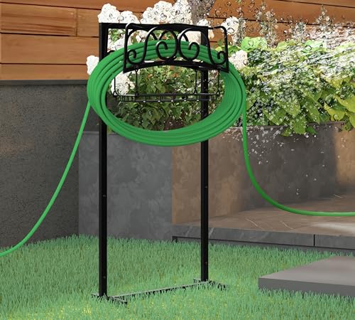 Kingson Water Hose Holder Freestanding, Garden Hose Holder Holds 150-Feet Hose, Heavy Duty Steel Garden Hose Storage Stand with Detachable Storage Basket for Outside Yard Lawn