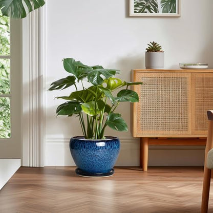 10 Inch Plant Pot, Ceramic Planter with Drainage and Saucer, Blue - color: Blue, size: 10 Inch