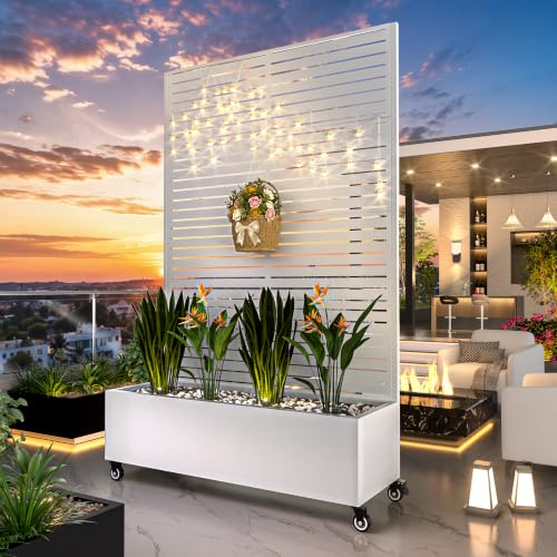 MTART Metal Planter Box with Trellis Outdoor, 72"x47"x16" Galvanized Raised Garden Bed with Privacy Screen & Drainage Holes & Lockable Casters for Climbing Plants, Vegetable, Vines (Louvered-White) - color: Louvered-white