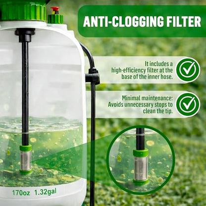 1.3 Gallon Pump Pressure Sprayer (5L) – Lawn and Garden Sprayer with Adjustable Nozzle & Shoulder Strap – for Watering Plants, Weeds, Fertilizer & Outdoor Cleaning