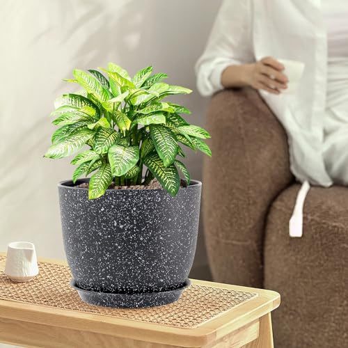 WSMKSZ Large Flower Pots 12/10/9 inch, Set of 3 Modern Decorative Plastic Planters with Drainage Holes and Saucers for Garden House Plants, Plant Pots for Indoor Outdoor Plants, Speckled White - color: Speckled Black, size: 12"+10"+9"