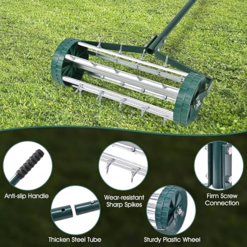 Heavy Duty Rolling Lawn Aerator, Push Spike Soil Aerator with 3-Piece Long Steel Handle, Galvanized Steel Q235 Garden Yard Lawn Soil Loosening Tool for Lawn Grass Aeration Maintenance Silver (Silver) - color: Silver