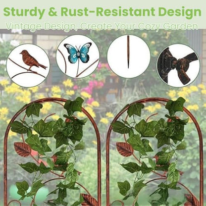 Lancisism 2 Pack 100% Metal Garden Trellis for Climbing Plants Outdoor - Heavy Duty Rustic Iron Arch Fence Trellis Rustproof Plant Support Trellis for Vines, Flowers, Vegetables & Wall Brackets