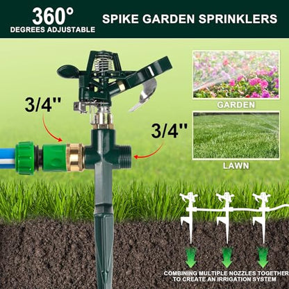 2 Packs Spike Sprinklers for Yard, Impact Sprinkler on Metal Step Spike Base, Adjustable Zinc Alloy Water Sprinkler for 360 Degree Large Area Yard Garden Lawn Irrigation