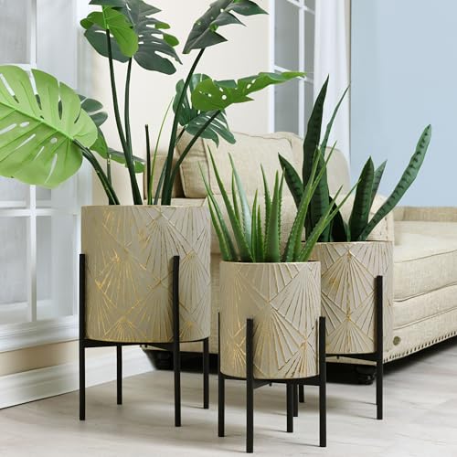 LuxenHome Planters for Indoor Plants, Set of 3 Floor Plants Pots with Stand - color: Green Gray