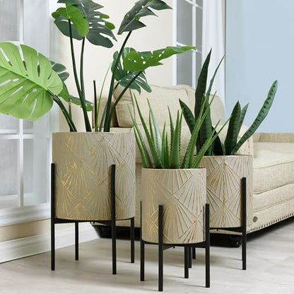 LuxenHome Planters for Indoor Plants, Set of 3 Floor Plants Pots with Stand - color: Green Gray
