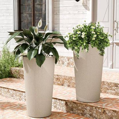 24" Tall Round Planters for Outdoor Plants Fluted Finishes - Beige - color: Beige