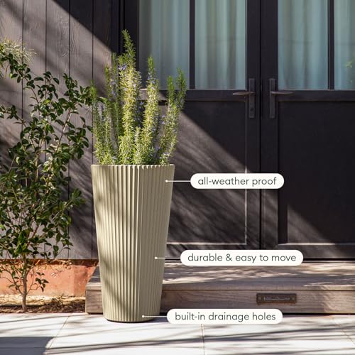 Veradek Demi Series Tall Planter - Tall Tapered Outdoor Planter with Shelf - color: Sand, style: Narrow Groove -2 Pack