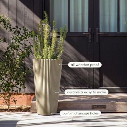 Veradek Demi Series Tall Planter - Tall Tapered Outdoor Planter with Shelf - color: Sand, style: Narrow Groove -2 Pack