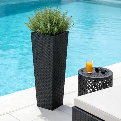 Tall Planter for Outdoor Plants Set of 2 | 32" Front Porch Planters Tall Resin Planters with Rattan Texture，Inner Pots Drainage Holes for Trees,Porch,Garden,Yard,Black