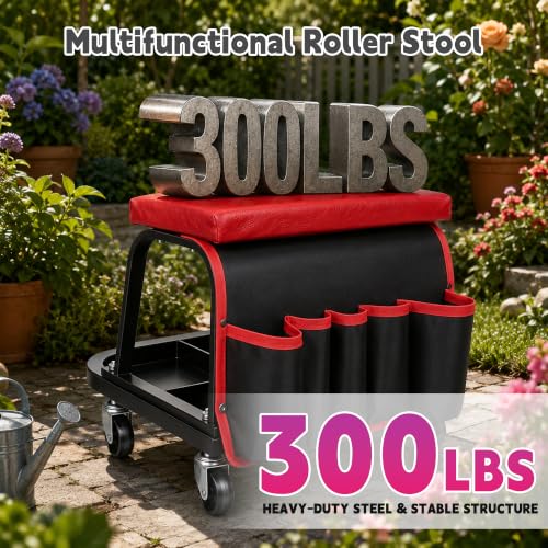 Rolling Mechanic Garage Stool on Wheels with Side Pockets, Red - color: Red