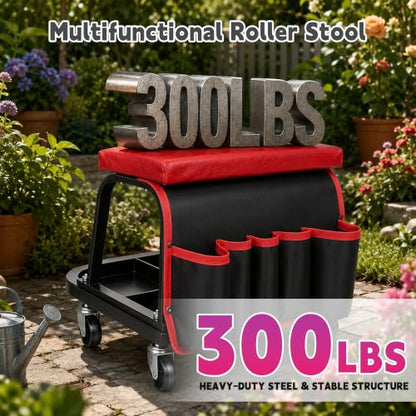 Rolling Mechanic Garage Stool on Wheels with Side Pockets, Red - color: Red