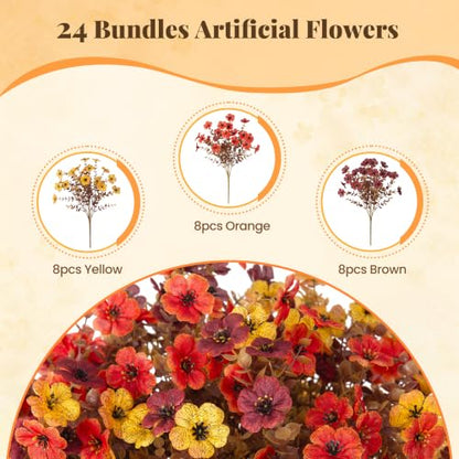 INXUGAO 24 Bundles Fall Artificial Mums Flowers for Outdoor Planters - color: Orange Brown Yellow
