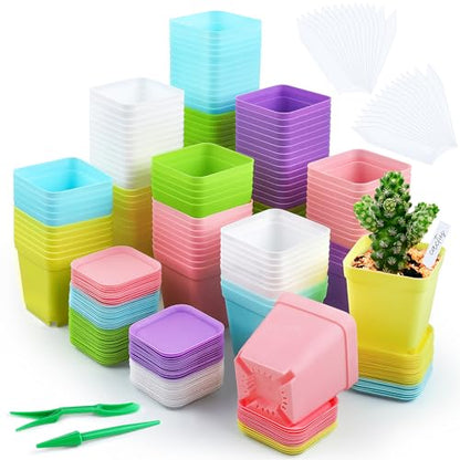 Hahood 120 Pack Mini Plastic Planters 3 Inch Flower Seedling Nursery Pots with Pallet Colorful Square Flower Plant Pots Seed Starting Pots with Labels and Tools for Home Garden Flowers Plants,6 Colors