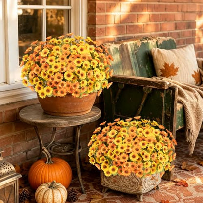 12 PCS Artificial Mums for Outdoors, UV Resistant Fake Fall Flowers - color: Yellow + Orange