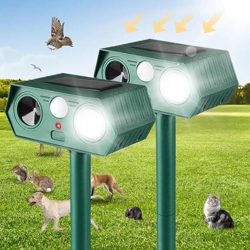 2025 Solar Animal Repellent,Upgraded Ultrasonic Cat Repellent Outdoor,Waterproof Deer Deterrent for Bird Dog Skunk,Squirrels Deterrent with Motion Detection Flash Lights for House B (2 Pack)