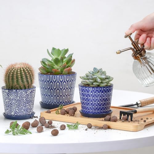 Selamica Ceramic Succulent Pots, 3.4 Inch Small Pots for Plants with Drainage Holes and Saucers, Home Decor, Set of 6, Vintage Blue - color: Vintage Blue, size: 3.4 Inch, Set of 6