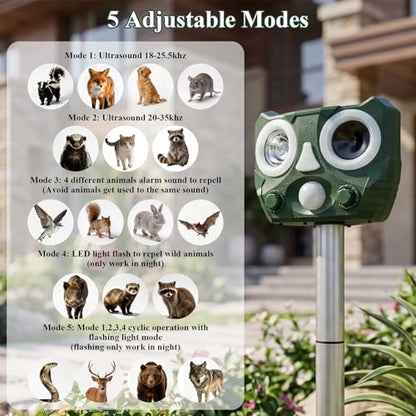 Upgraded Outdoor Ultrasonic Solar Animal Repellent with Flash Light,Sound
