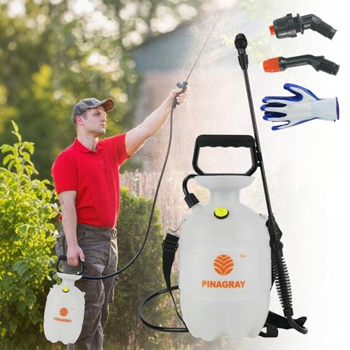 1 Gallon/3.78L Pressure Sprayer - Multi-Use Pump Mister for Garden, Lawn & Home with 2 Nozzles, Shoulder Strap & Gloves - Ideal as Weed, Plant & Water Sprayer