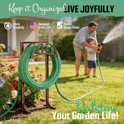 YQSLYSF Garden Hose Holder, Water Hose Stand with 4 Stake and 2 Tool Hooks, Heavy-Duty Metal Hose Storage Holds 150Ft, Freestanding Hose Hanger Rack for Outside, Yard, Lawn, Farm（Antique Bronze）