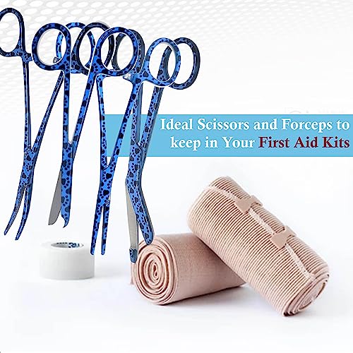 5 pc Bandage Scissors 5.5", Stitch Scissors 4.5", Hemostat 5.5" Straight & Curved, Diagnostic Penlight Made of Premium Quality Stainless Steel - For Training Emergency Supplies & First Aid Kit (Blue) - color: Blue