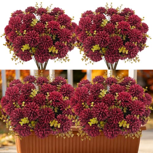 6 Bundles Artificial Mums for Outdoors UV Resistant Fake Fall Flowers for Outdoor Realistic Fall Mums with Eucalyptus Leaves for Planter Front Porch Window Box Patio Garden Autumn Thanksgiving Decor - color: Red