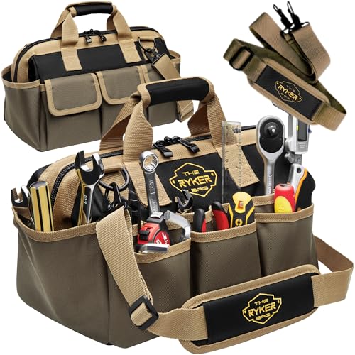 Ryker 14’’ Heavy Duty Tool Bag. Tool Box Organizer for Electricians & HVAC - color: Khaki