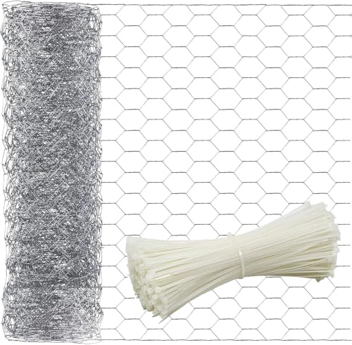 Chicken Wire 13.7 in x 236 in Poultry Wire Netting Ties Hexagonal Galvanized Mesh Garden Fence Barrier for Craft Projects Pet Rabbit Chicken Fencing - size: 1" 13.7"x236" + 100 Ties