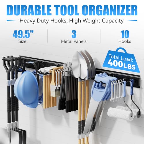 49.5" Garage Tool Organizer Wall-Mounted, Heavy Duty Garage Wall Organizer with 10 Adjustable Hooks, Garden Tool Storage Rack, Holds Up to 400 lbs - size: 49.5 in/10 hooks