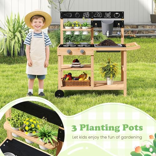 Costzon Mud Kitchen w/Wheels, Wooden Kids Potting Bench w/Planting Pots - style: With Wheels
