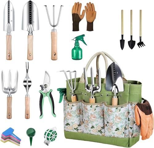 Gardening Tools 12-Piece, Durable Heavy Duty Garden Tool Set Stainless Steel, Garden Hand Tools with Tote Bag, Non Slip Handles, Gardening Ideal Gifts for Women and Men