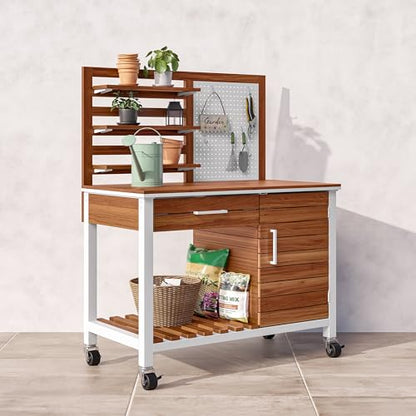 Seville Classics Home 48" Outdoor Garden Potting Bench Table – Heavy Duty Workstation, w/Cabinet, Drawer & Open Shelf, Acacia Wood & Steel Frame, White, 48" W x 25" D - color: White