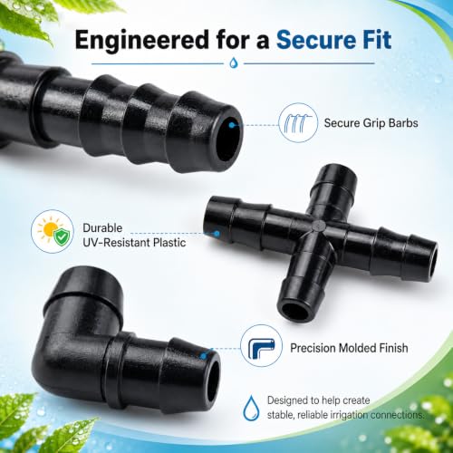 RAINFLOW Drip Irrigation Fittings Kit 1/4 Inch – Barbed Connectors, Tees, Elbows, End Plugs and Couplings, Tool-Free Drip Irrigation Parts for Garden, Greenhouse and Lawn Watering Systems