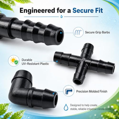 RAINFLOW Drip Irrigation Fittings Kit 1/4 Inch – Barbed Connectors, Tees, Elbows, End Plugs and Couplings, Tool-Free Drip Irrigation Parts for Garden, Greenhouse and Lawn Watering Systems