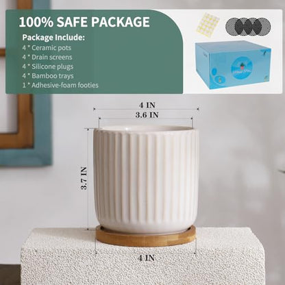 4 Inch Ceramic Plant Pots with Drainage Holes, White, Set of 4 - color: White(4inch)