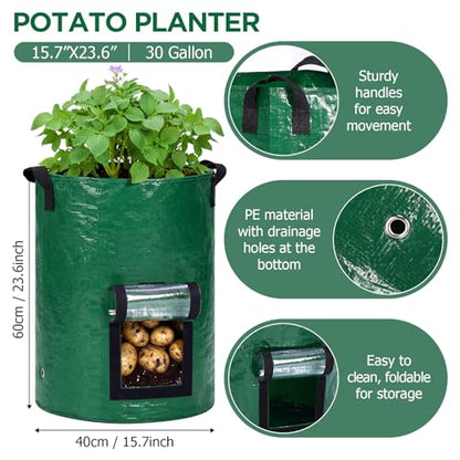 SATINIOR 2 Pack 30 Gallon Potato Grow Bags with Transparent Flap and Handles Green Durable PE Pots Large Plant Grow Bags for Onion Fruits Tomato Carrot