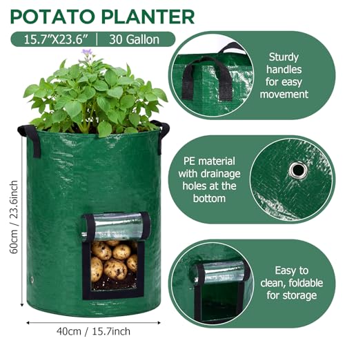 SATINIOR 2 Pack 30 Gallon Potato Grow Bags with Transparent Flap and Handles Green Durable PE Pots Large Plant Grow Bags for Onion Fruits Tomato Carrot