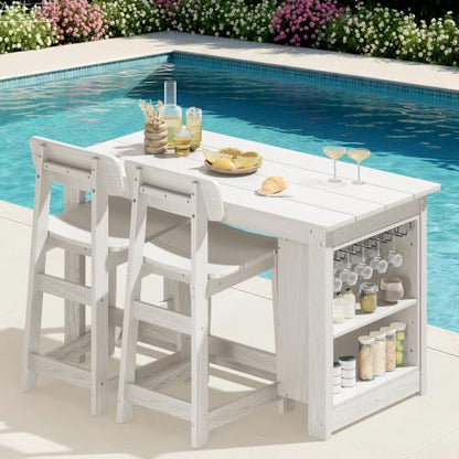 SERWALL 3-Piece Outdoor HDPE Counter-Height Bar Set with Rack, White - color: White, size: 3 Piece Bar Set