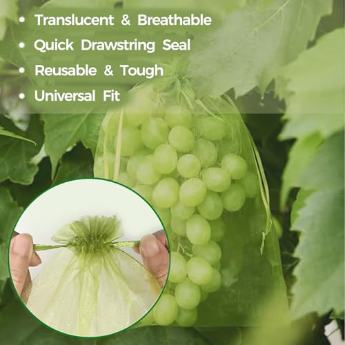 50Pcs Fruit Protection Bags for Fruit Trees, Green Organza Mesh Drawstring Bags for Garden Protection, Pest Barrier, Gift Vegetable Bags (6x8 inch) - size: 6x8 inch