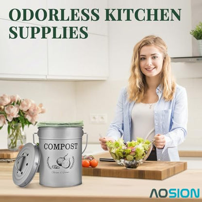 AOSION 1 Gallon Countertop Compost Bin for Kitchen with Lid,Odor Resistant - color: Grey(50 Pack Trash Bags & Garden Shovel)
