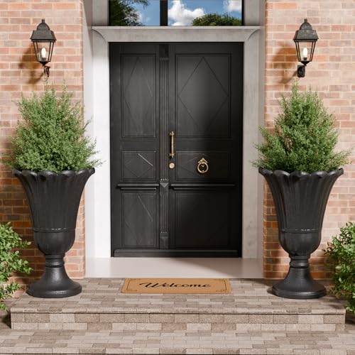 Tall Plastic Urn Planters and Pedestal - 24" Outdoor Planter Black - color: Black-petal