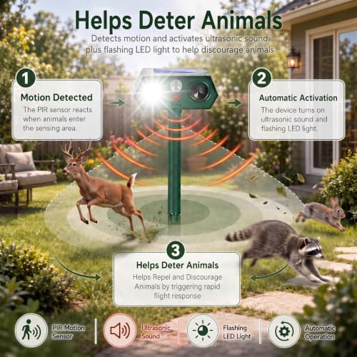 2026 Upgraded Solar Ultrasonic Animal Repeller Outdoor,Deer Repellent Devices with Motion Sensor & LED Flashing Light, Cat Deterrent for Yard,Garden,Rabbit, Squirrel, Raccoon, Dog,4 Pack Green
