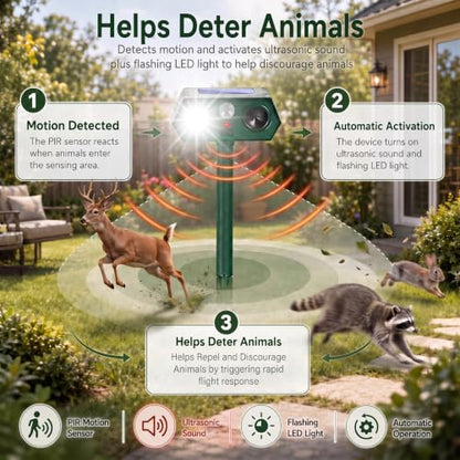 2026 Upgraded Solar Ultrasonic Animal Repeller Outdoor,Deer Repellent Devices with Motion Sensor & LED Flashing Light, Cat Deterrent for Yard,Garden,Rabbit, Squirrel, Raccoon, Dog,4 Pack Green