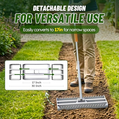 2-in-1 Lawn Leveling Rake, 20 Marking Flags for Low Spot,30"×10" Heavy Duty