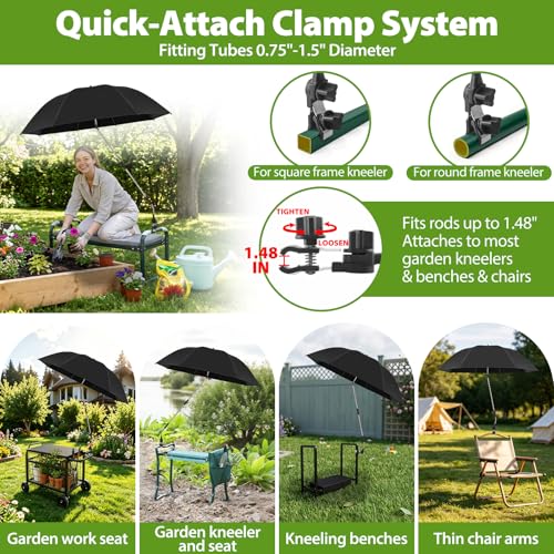 Garden Kneeler Umbrella, 42” Large Clip on Umbrella with Metal Clamp,UPF50+ Sun Protection,360°Swivel,Folding Garden Umbrellas for Garden Bench Kneeler Seat,Outdoor Gardening Shade - color: Black