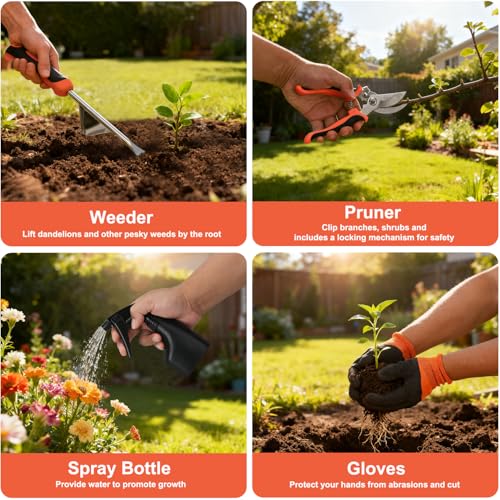 Yesker Gardening Tools 9-Piece Heavy Duty Garden Tool Set Gardening Supplies Gifts for Women Men Gardening Hand Tool Kit with Non-Slip Ergonomic Handle, Garden Bag, Durable Gloves and Shears, Orange - size: 9PCS Black Orange