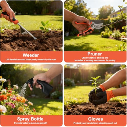 Yesker Gardening Tools 9-Piece Heavy Duty Garden Tool Set Gardening Supplies Gifts for Women Men Gardening Hand Tool Kit with Non-Slip Ergonomic Handle, Garden Bag, Durable Gloves and Shears, Orange - size: 9PCS Black Orange