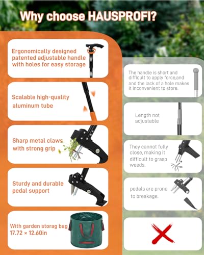 Stand Up Weed Puller Tool with Adjustable Long Handle and 50L Garden Bag
