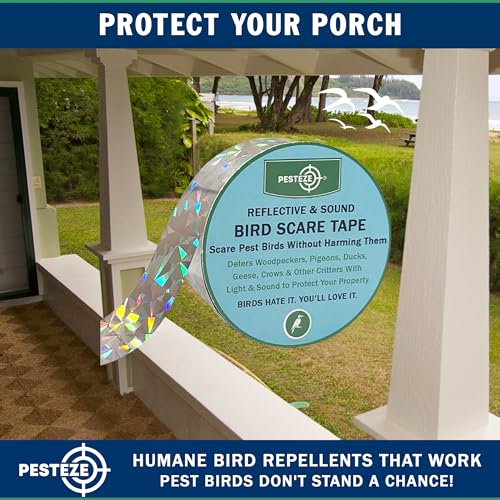 PESTEZE USA Bird Deterrent Reflective Tape–Dual-Sided Holographic Scare Ribbon (2in x 360ft) to Repel Nuisance Birds and Protect Gardens, Patios, Yards & Buildings from Pigeons, Woodpeckers, & Geese